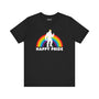 Bigfoot wearing a crown with a rainbow background on a black tee, celebrating Pride with fun and festive vibes.