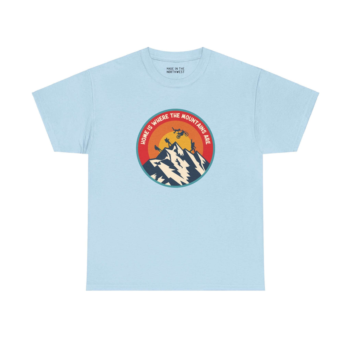 Light blue athletic tee with "Home is Where the Mountains Are" design, featuring PNW activities like hiking, motocross, and Bigfoot.