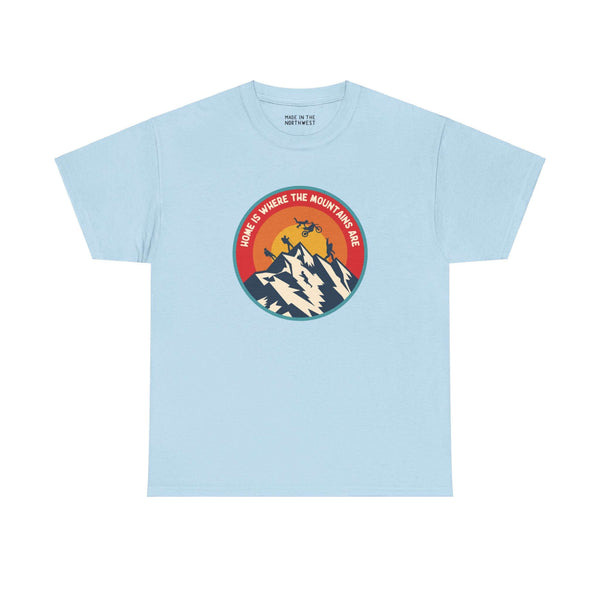 Light blue athletic tee with "Home is Where the Mountains Are" design, featuring PNW activities like hiking, motocross, and Bigfoot.