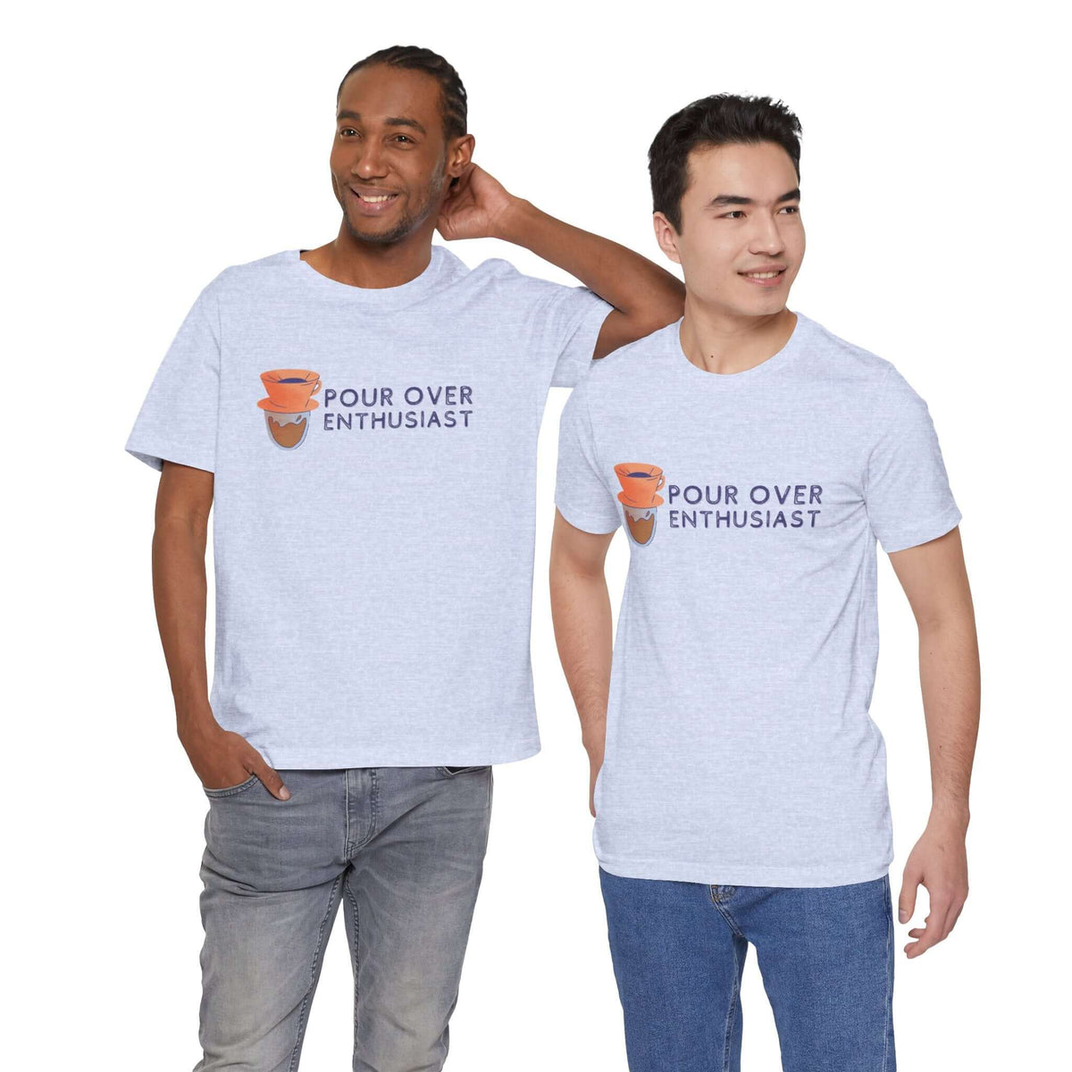 Two men wearing light gray t-shirts featuring a pour-over coffee graphic and 'Pour Over Enthusiast' text.