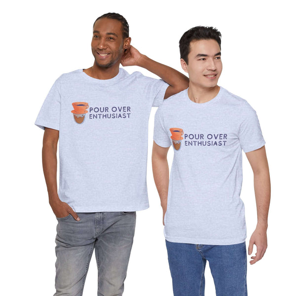 Two men wearing light gray t-shirts featuring a pour-over coffee graphic and 'Pour Over Enthusiast' text.