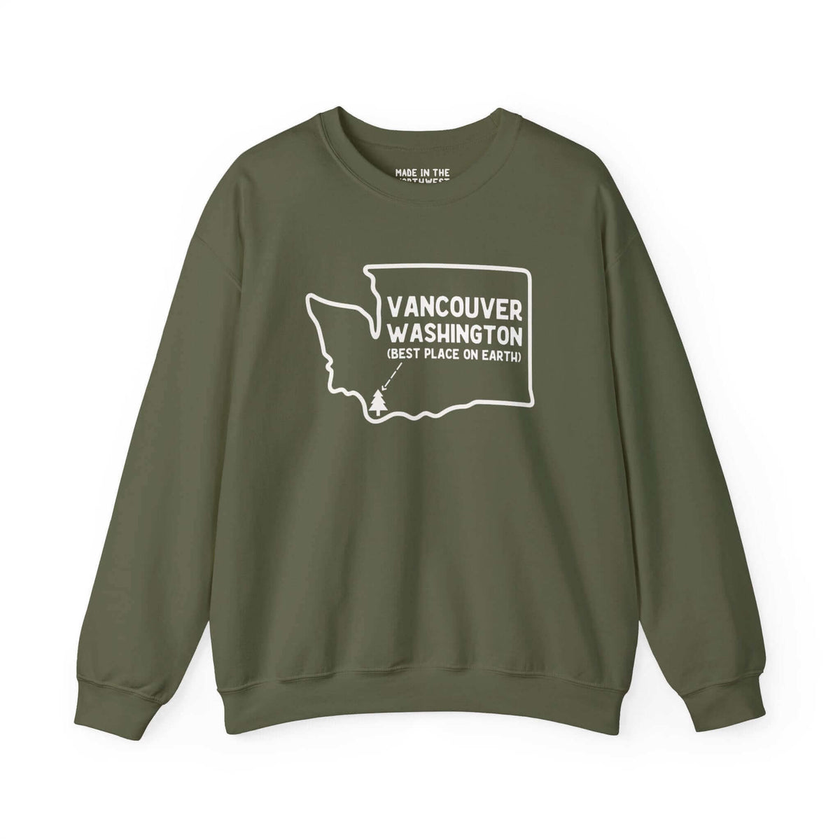 Olive green sweatshirt featuring a Vancouver Washington design with state outline and tree icon, showcasing Pacific Northwest pride.