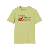 Basically a Lumberjack T Shirt featuring a chainsaw graphic on a light green background.