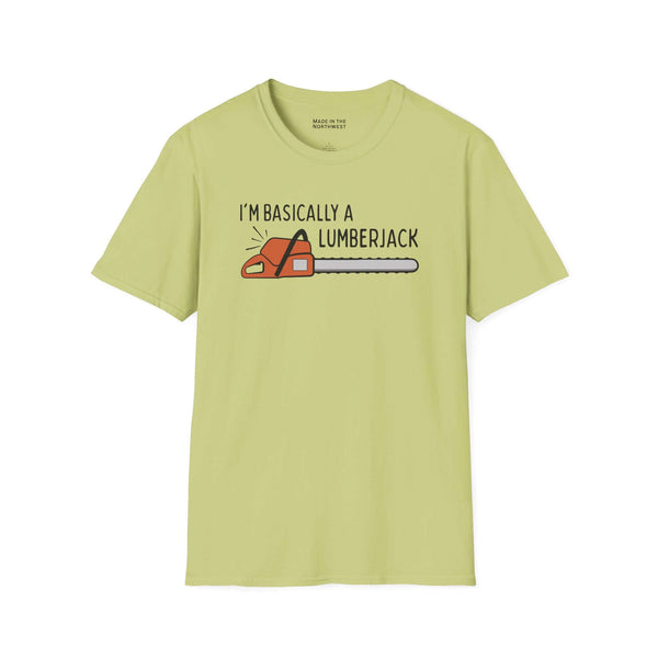 Basically a Lumberjack T Shirt featuring a chainsaw graphic on a light green background.