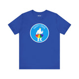 Bigfoot's Pride Parade premium soft tee in blue featuring a rainbow tutu and 'Happy Pride' design.