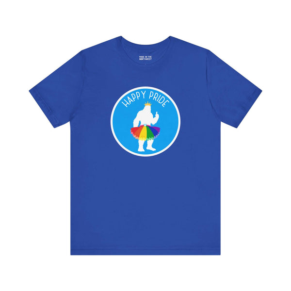 Bigfoot's Pride Parade premium soft tee in blue featuring a rainbow tutu and 'Happy Pride' design.