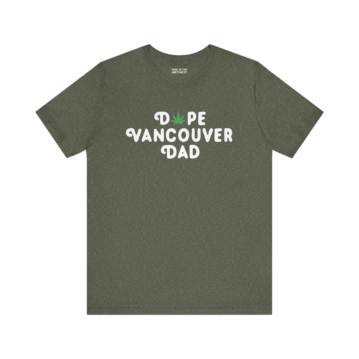 Dope Vancouver Dad Premium Soft Tee featuring playful marijuana leaf in the logo, ideal for cool dads in Vancouver.