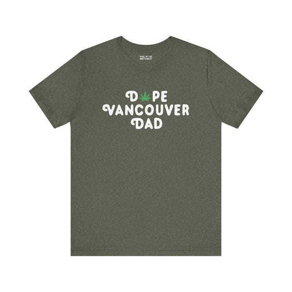 Dope Vancouver Dad Premium Soft Tee featuring playful marijuana leaf in the logo, ideal for cool dads in Vancouver.