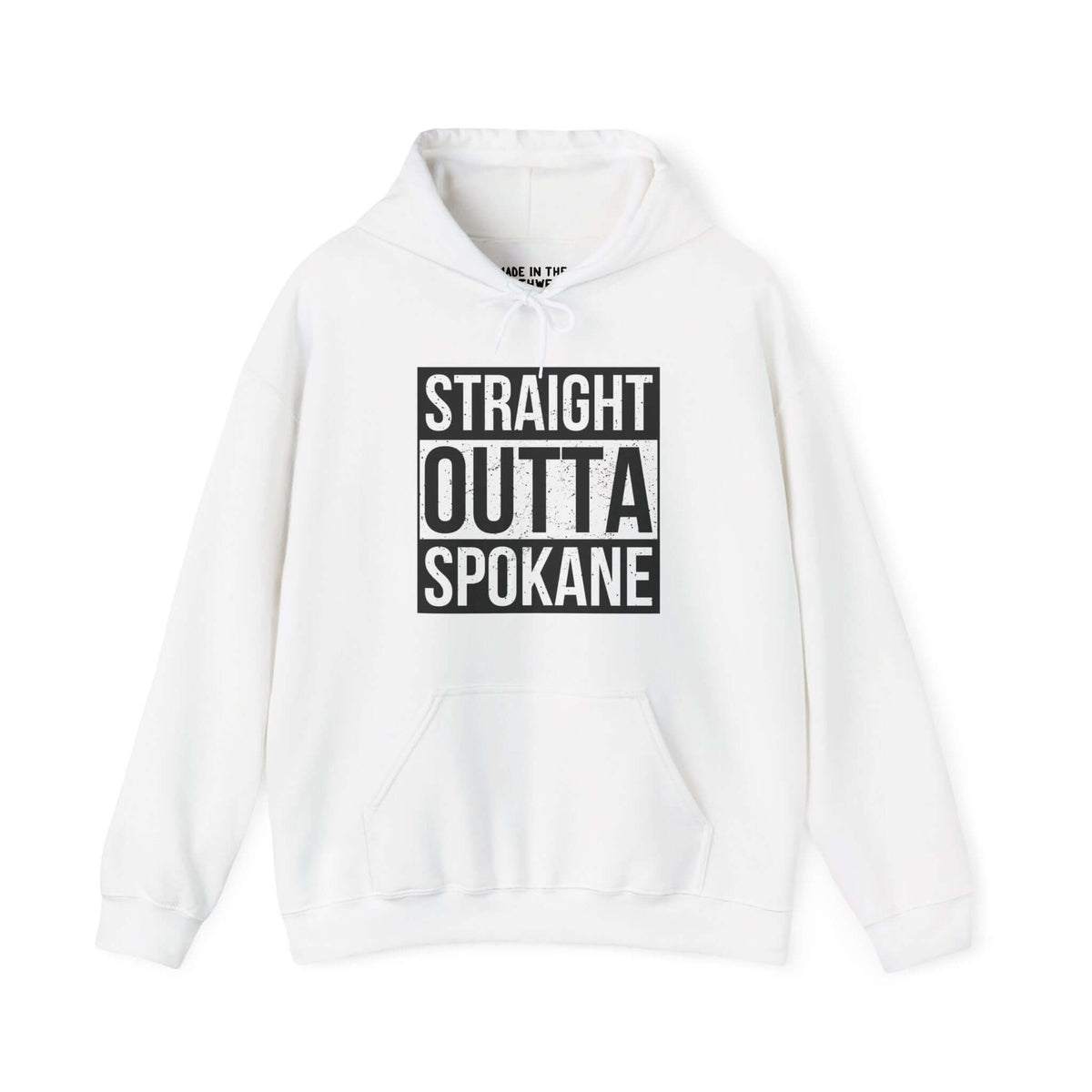 White hoodie with "Straight Outta Spokane" text, inspired by streetwear style, showcasing local pride.