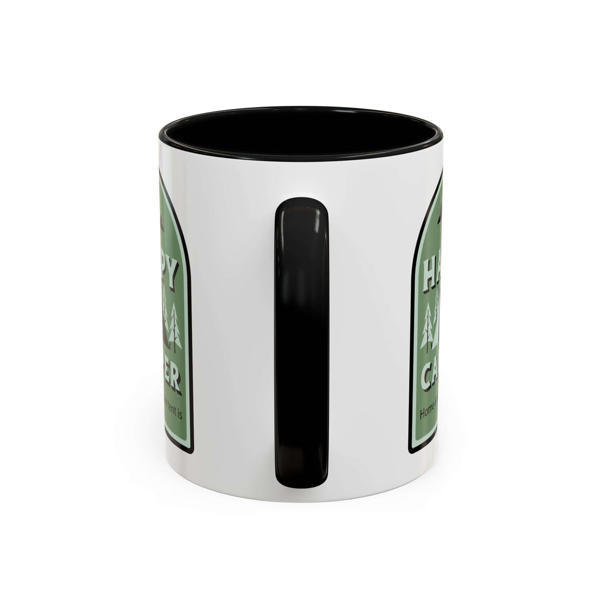 Happy Camper Mug featuring a cozy outdoor design with a tent and trees on a glossy ceramic surface.