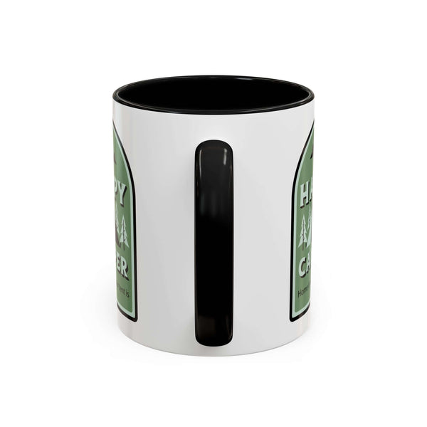 Happy Camper Mug featuring a cozy outdoor design with a tent and trees on a glossy ceramic surface.