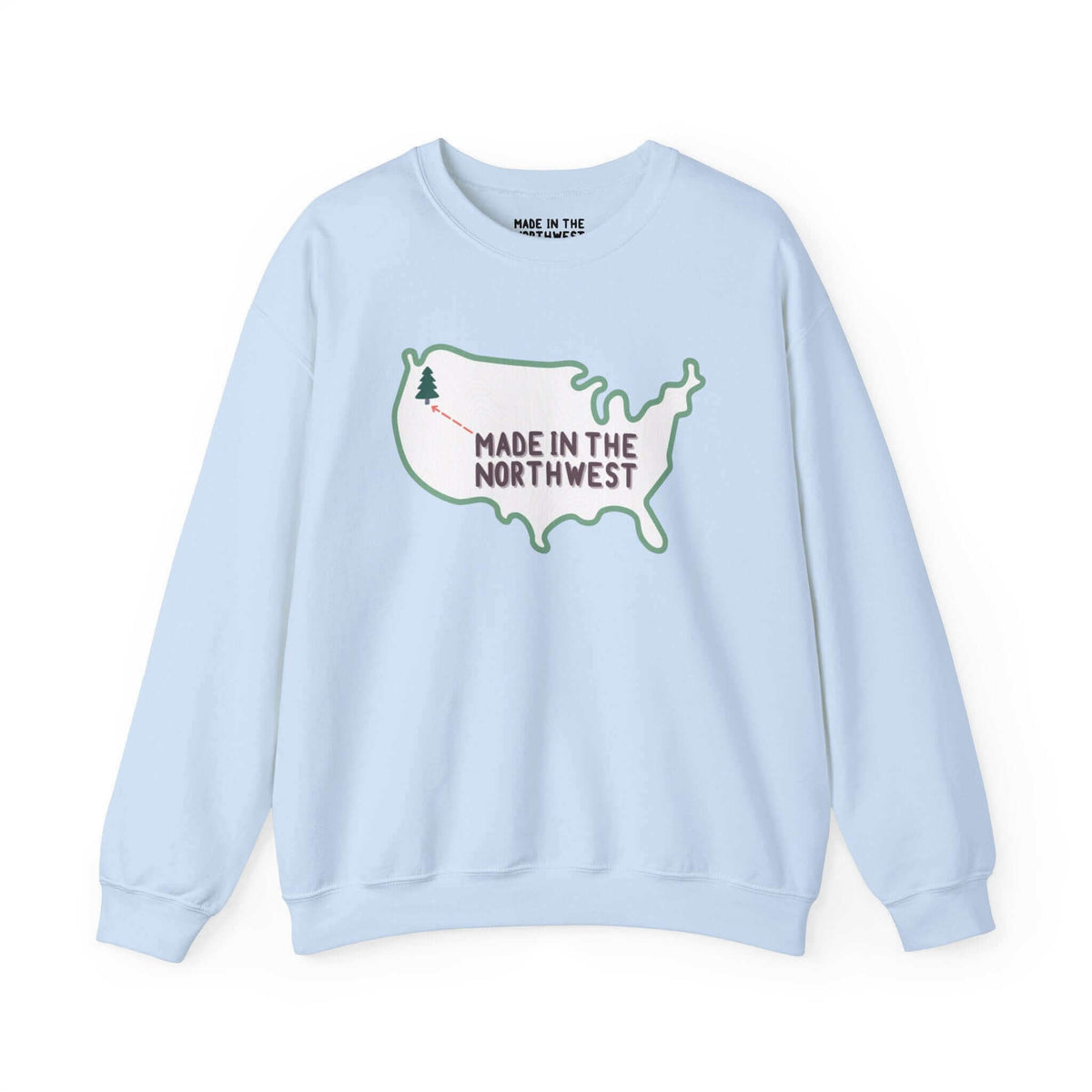 Evergreen is Where It's At Sweatshirt Show your love for the Pacific Northwest with our exclusive "Evergreen is Where it's At" sweatshirt. This design features the woodgrain United States with a tree marking the PNW location, highlighted by an arrow and t