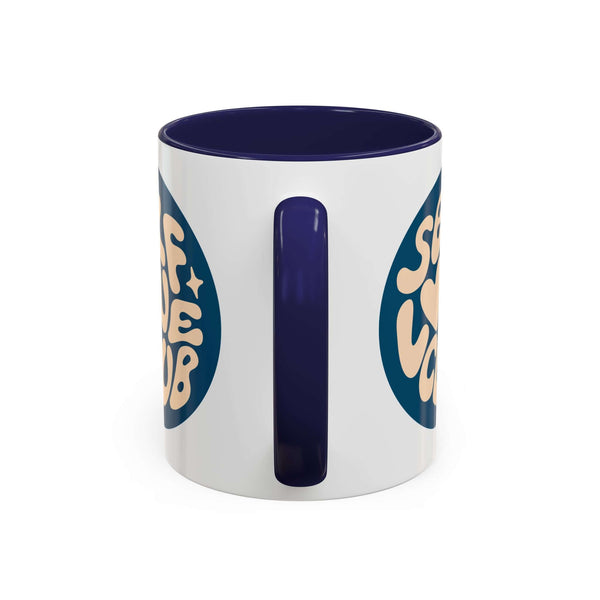 Self-Love Club Coffee Mug with glossy finish and contrasting colored handle and interior.