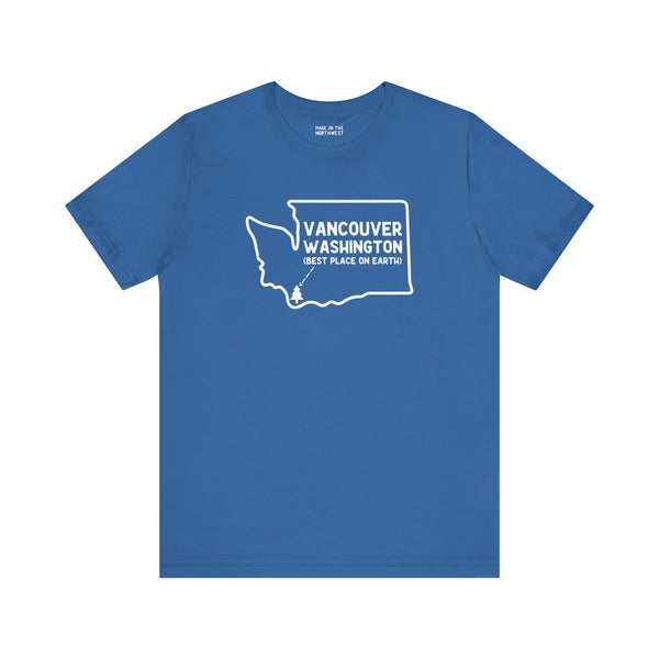Blue Vancouver Washington tee shirt featuring a bold state outline and 'Best Place on Earth' text.