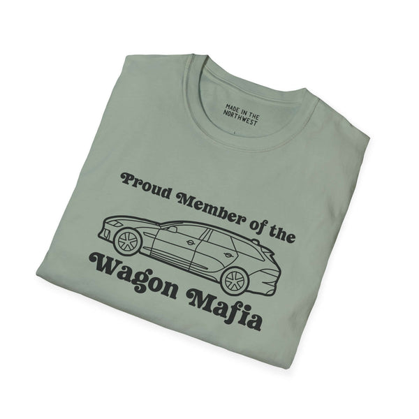 Proud Member of the Wagon Mafia softstyle t-shirt in green, showcasing a stylish wagon graphic for car enthusiasts.