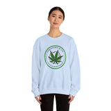 Model wearing Homegrown Vibes PNW Edition sweatshirt with marijuana leaf design, celebrating Pacific Northwest culture.