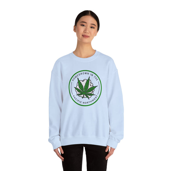 Model wearing Homegrown Vibes PNW Edition sweatshirt with marijuana leaf design, celebrating Pacific Northwest culture.