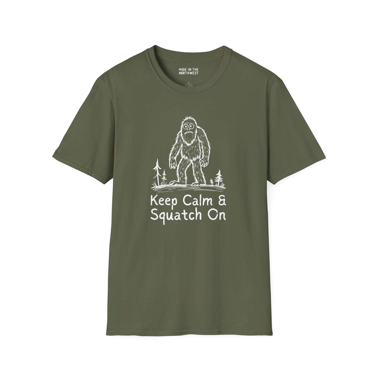 Keep Calm & Squatch On Bigfoot softstyle t-shirt in olive green, featuring a Sasquatch design.
