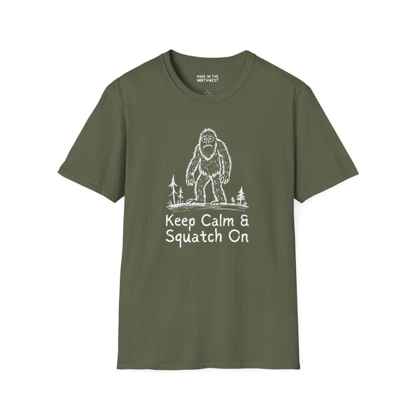 Keep Calm & Squatch On Bigfoot softstyle t-shirt in olive green, featuring a Sasquatch design.
