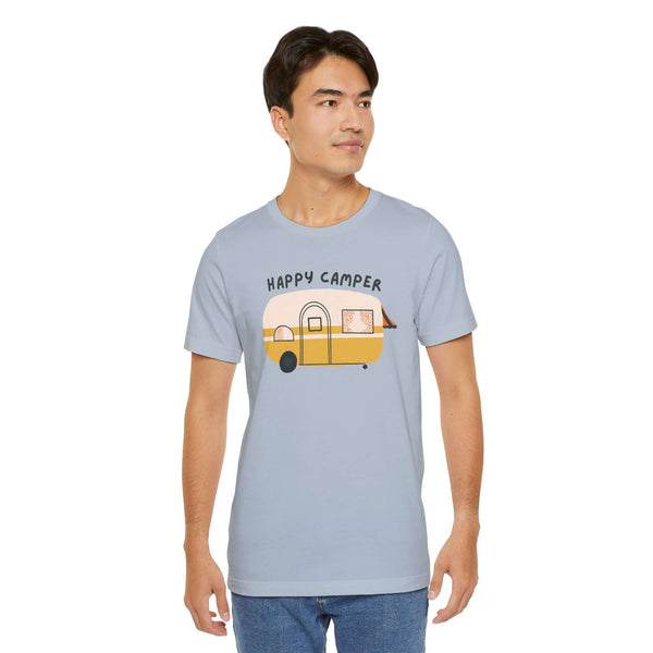 Happy Camper Adventure Premium Soft Tee featuring a vintage camper design ideal for camping and road trips.