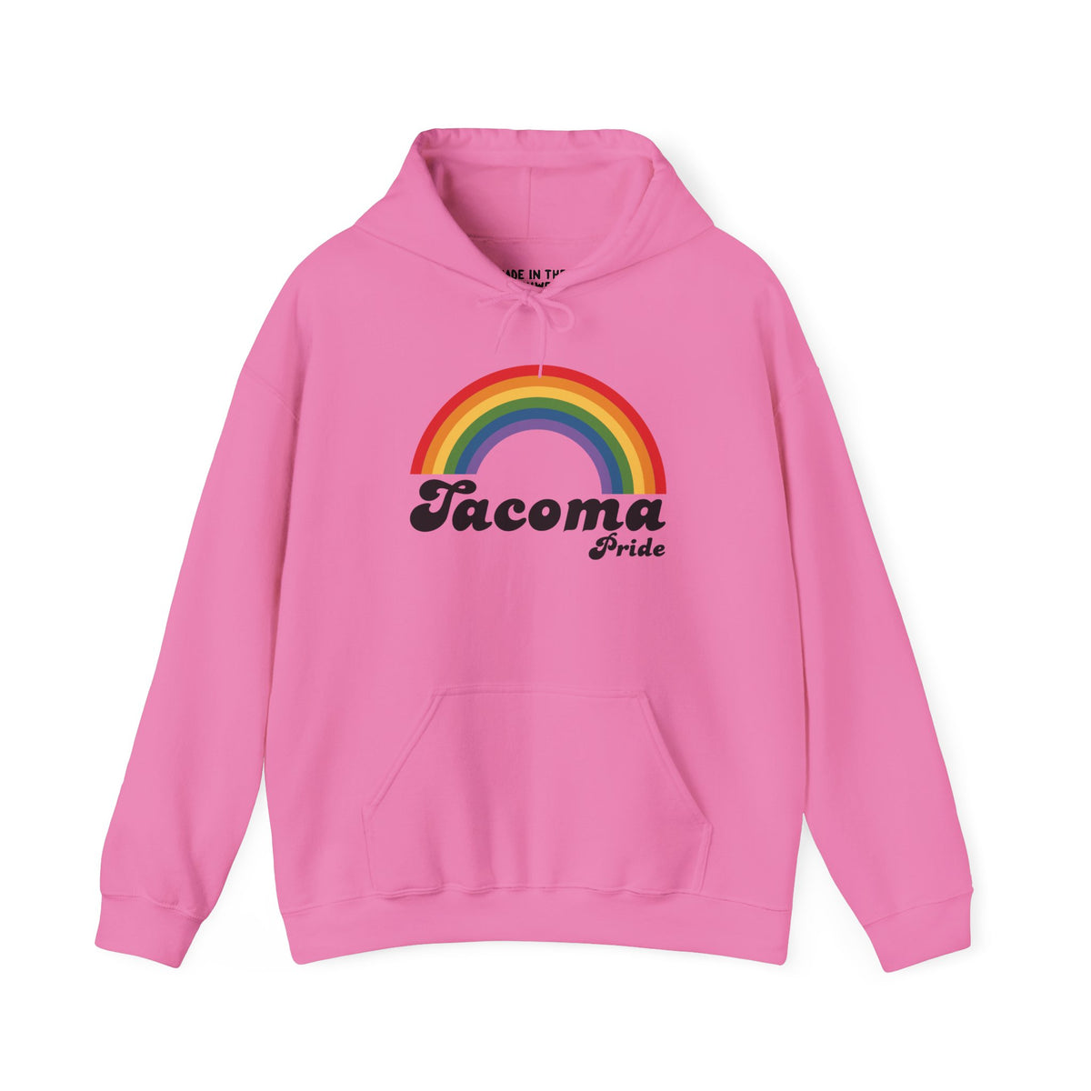 Pink Tacoma Pride hoodie featuring a vibrant rainbow design, perfect for celebrating LGBTQ+ pride and diversity.
