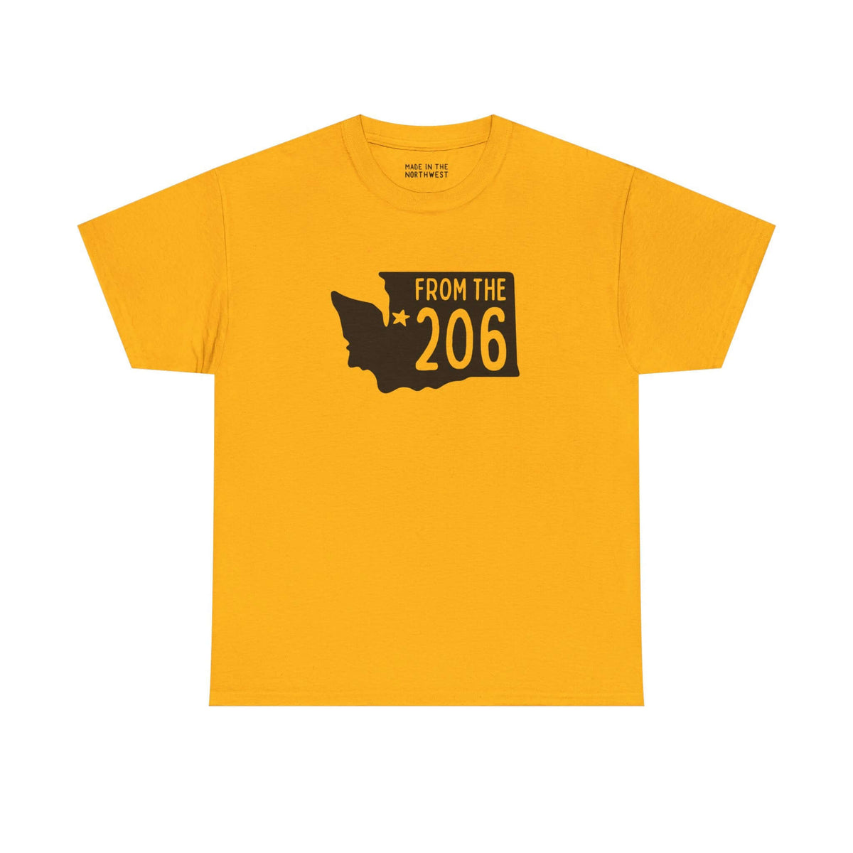 From the 206 Washington State Athletic Tee in yellow with black Seattle design, celebrating PNW pride.