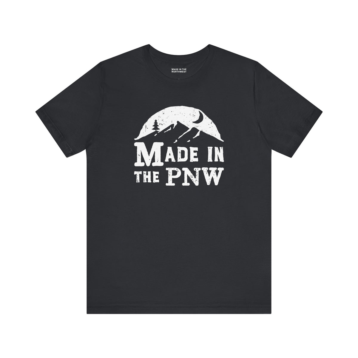 Made in the PNW T shirt with a distressed mountain graphic on a black tee.
