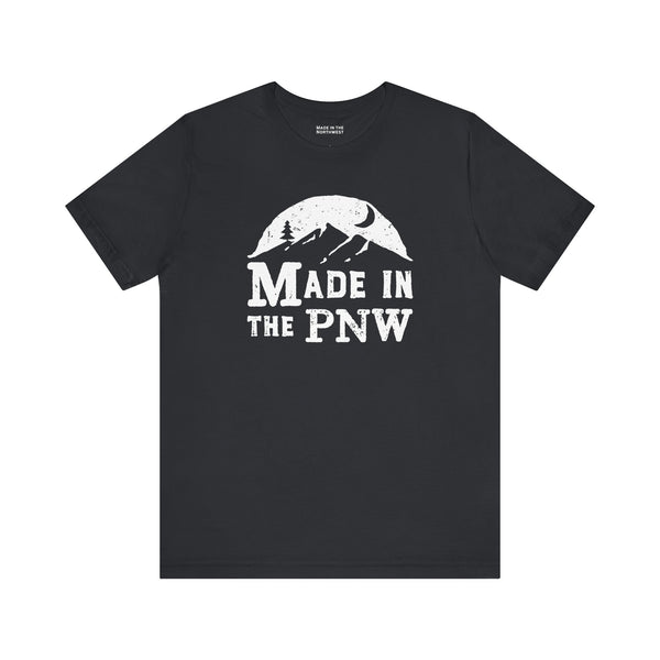 Made in the PNW T shirt with a distressed mountain graphic on a black tee.