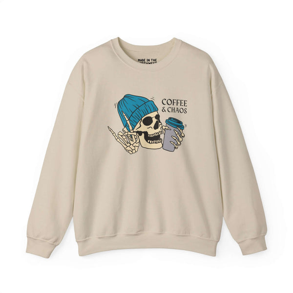 Coffee & Chaos Skeleton Vibes Sweatshirt with blue beanie and coffee cup, perfect for rebellious caffeinated mornings.