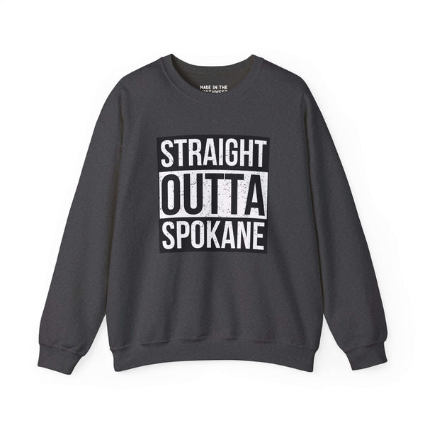 Black "Straight Outta Spokane" sweatshirt with bold white lettering, showcasing city pride and streetwear style.