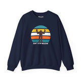 Navy sweatshirt featuring Bigfoot graphic and 'Don't Stop Believin'' text, inspired by Pacific Northwest folklore.