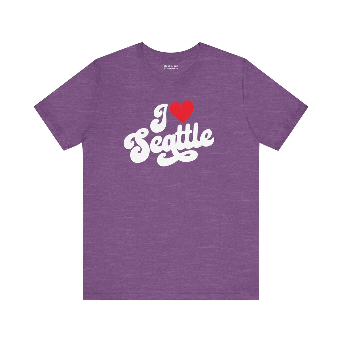 I love Seattle t shirt in purple with cursive design, representing hometown pride and love for Seattle.