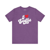I love Seattle t shirt in purple with cursive design, representing hometown pride and love for Seattle.