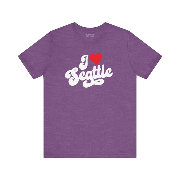 I love Seattle t shirt in purple with cursive design, representing hometown pride and love for Seattle.