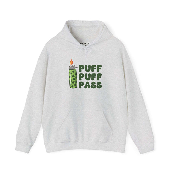 Gray hooded sweatshirt featuring 'Puff Puff Pass' with lighter and marijuana leaf design, ideal for cannabis lovers.