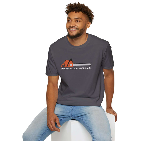 Man in gray I'm Basically a Lumberjack t-shirt with chainsaw graphic, perfect for loggers and woodworkers.