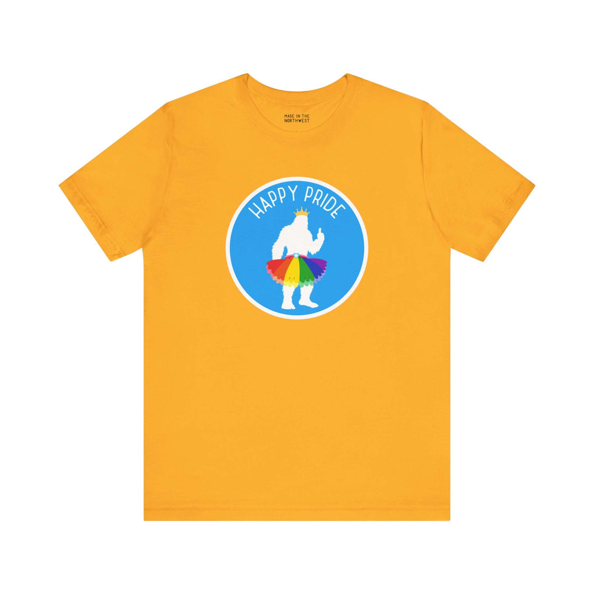 Yellow tee featuring Bigfoot silhouette with rainbow tutu and text 'Happy Pride' for Pride celebrations.