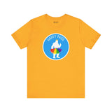 Yellow tee featuring Bigfoot silhouette with rainbow tutu and text 'Happy Pride' for Pride celebrations.