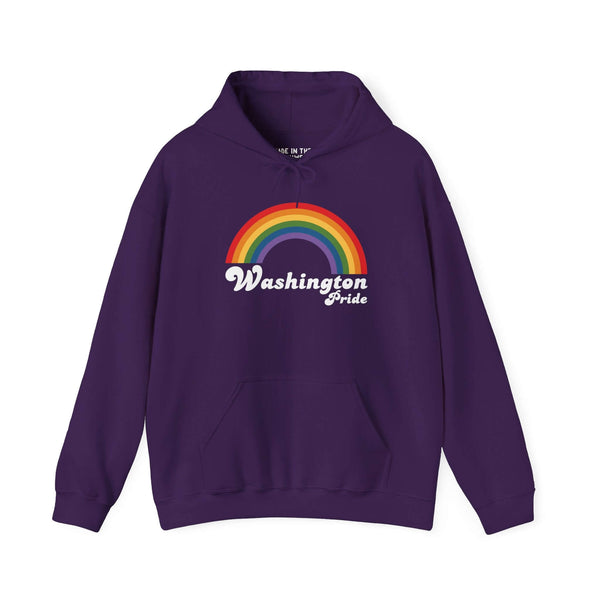 Purple Washington Pride hoodie featuring a bold rainbow design, perfect for celebrating love and diversity.