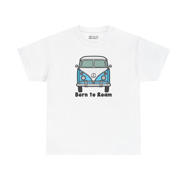 Born to Roam athletic tee featuring a classic vanagon bus and peace sign, perfect for free-spirited wanderers.