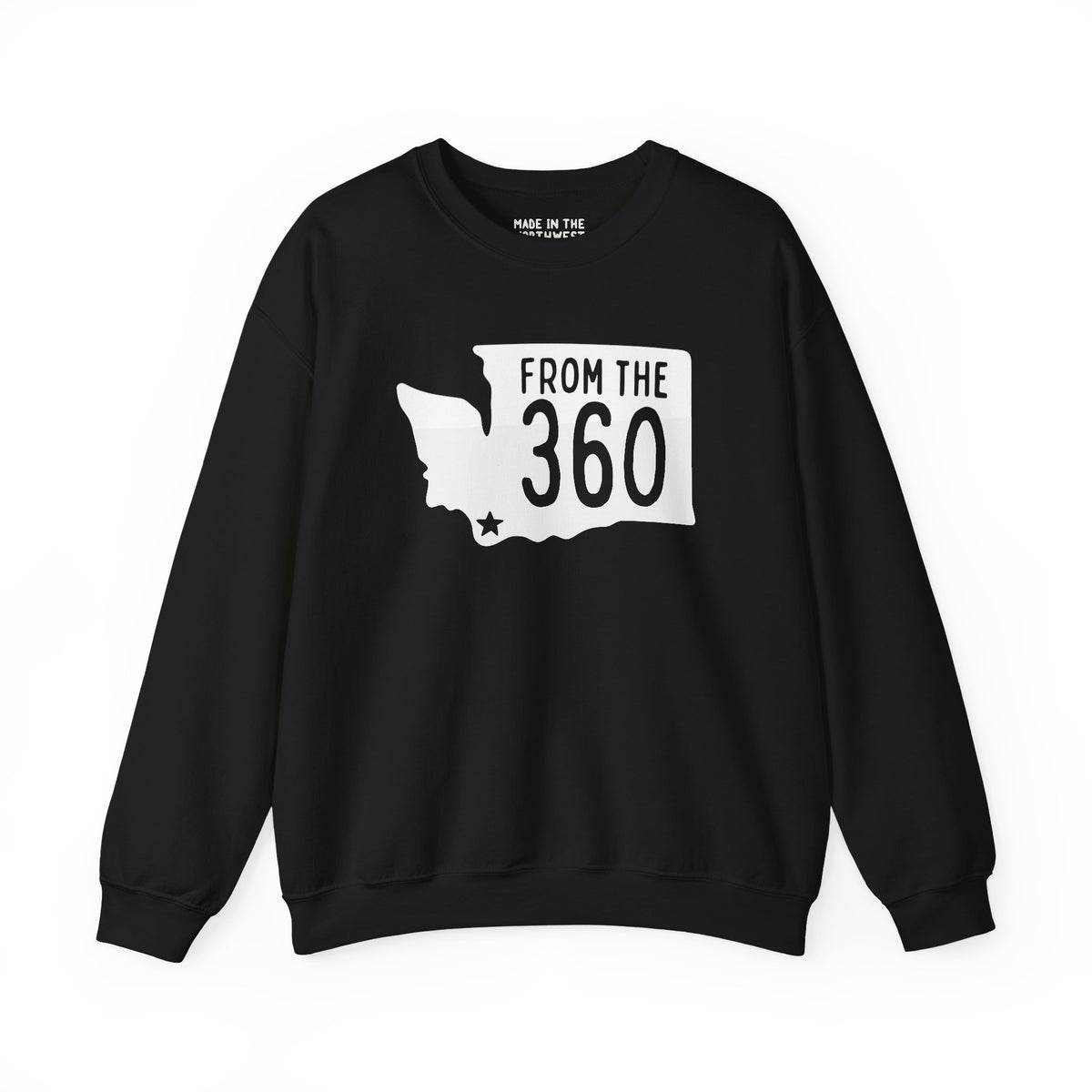 Black sweatshirt featuring a Washington state silhouette and 'From the 360' text, perfect for local pride in Vancouver.