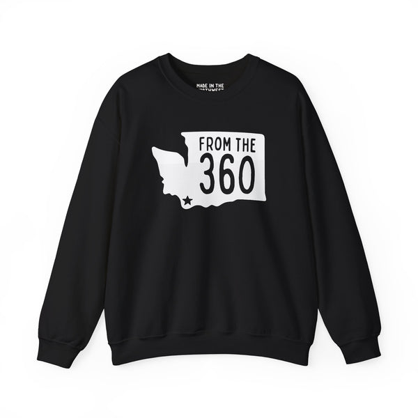 Black sweatshirt featuring a Washington state silhouette and 'From the 360' text, perfect for local pride in Vancouver.
