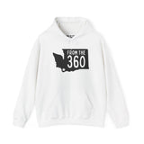 White hoodie featuring Washington state silhouette and text 'From the 360', perfect for local pride and style.