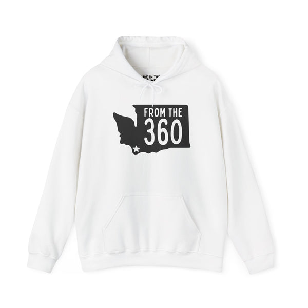 White hoodie featuring Washington state silhouette and text 'From the 360', perfect for local pride and style.
