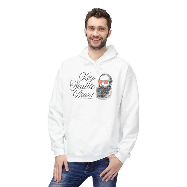 Man wearing a white Keep Seattle Beard Hoodie with graphic design featuring a bearded man in sunglasses.