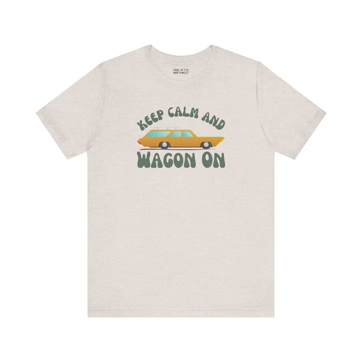 Keep Calm and Wagon On premium soft tee featuring a retro '68 Chevelle wagon graphic on a light beige shirt.