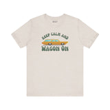 Keep Calm and Wagon On premium soft tee featuring a retro '68 Chevelle wagon graphic on a light beige shirt.