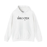 Vancouver over Portland cozy hoodie in white with VAN > PDX graphic, perfect for fans of Vancouver, WA.