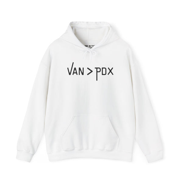 Vancouver over Portland cozy hoodie in white with VAN > PDX graphic, perfect for fans of Vancouver, WA.