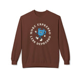 More Espresso Less Depresso sweatshirt featuring a playful blue coffee mug design on a brown crewneck.